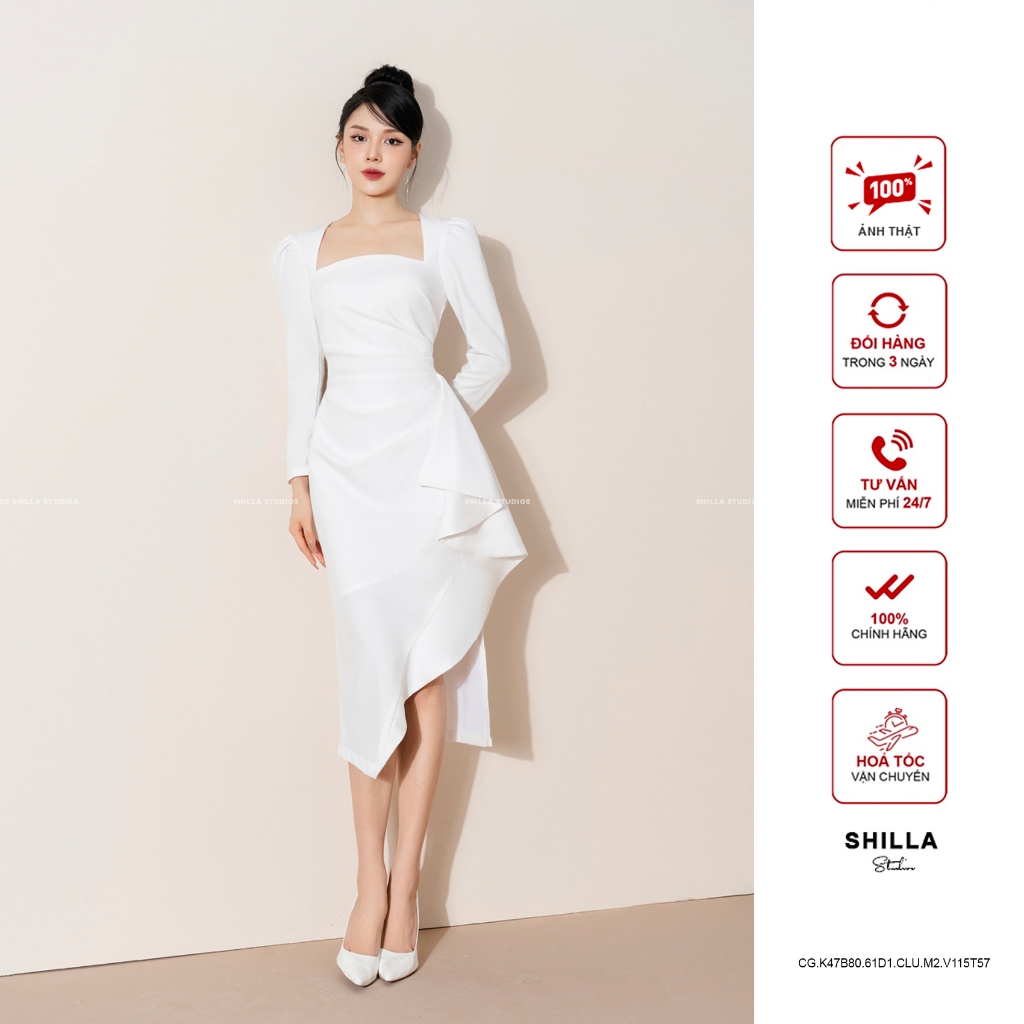 ชุดเดรสดีไซเนอร์ระดับไฮเอนด์สีขาวคอเหลี่ยมและกอดร่างกายหรูหรา [รูปถ่ายจริง] The Shilla-CG.K47B80.61D
