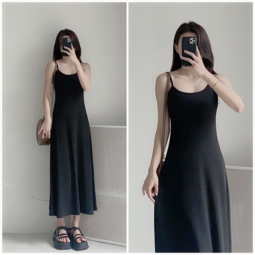 Bare_basic Ulzzang ชุดเดรสเข้ารูปยาวสองชิ้นของผู้หญิงในเดรสเข้ารูปยืดหยุ่นกลางหนา - D020