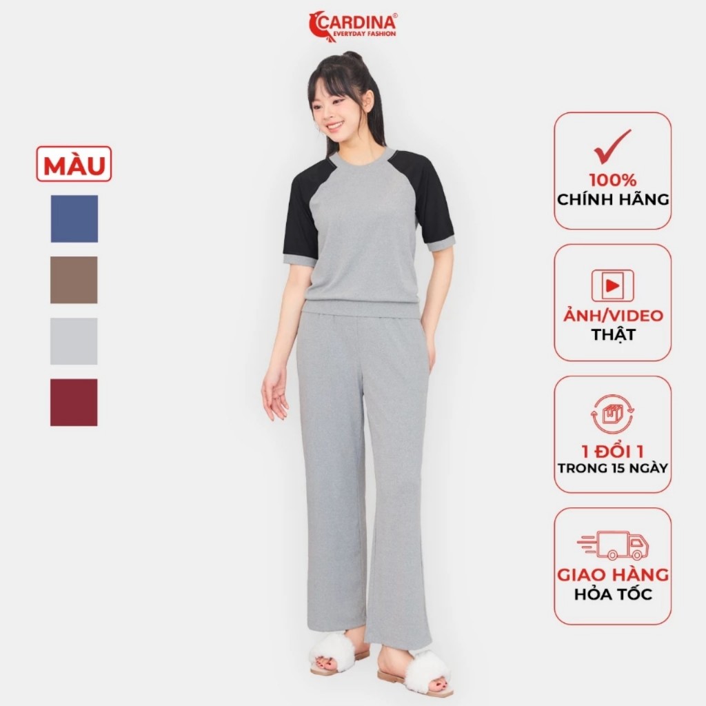 ชุดสตรี CARDINA เชื่อมไม้จิ้มฟันกางเกงตรงรอบคอแขนหลวมสไตล์ Raglan สีที่แตกต่างกัน Youthful Hem Desig