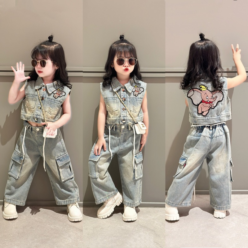 [MeoKids] B64 - ชุดยีนส์ปักลายช้างน่ารักพร้อมกางเกงและกระเป๋าขี้เล่นพร้อมเชือกรูด