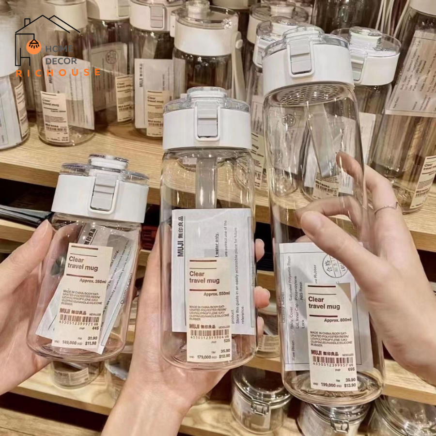 ขวดน้ําพลาสติก มูจิ ใสคุณภาพสูง 350มล, 550มล, 800มล พร้อมฝากันหกและสายรัด
