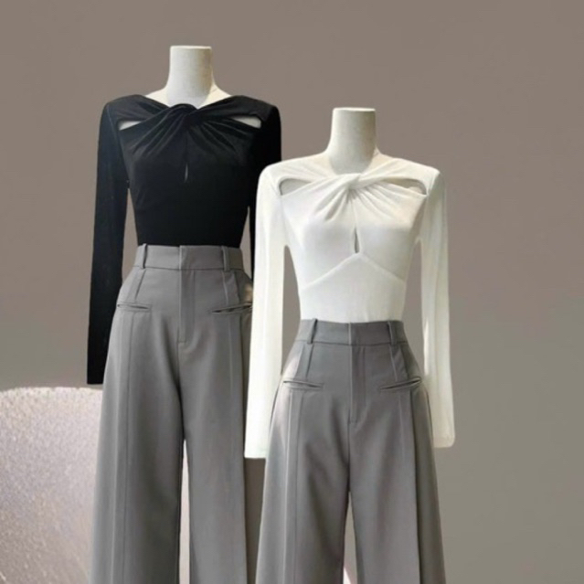 [DESIGNED ITEM TYPE 1] เสื้อยืดแขนยาวดีไซน์คอบิด เสื้อเชิ้ตออฟฟิศแขนยาวเรียบหรู