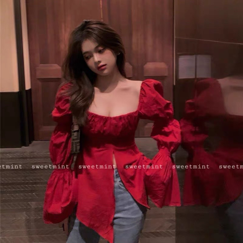 BRILLIANT RED LONG-SLEEVE TET DRESS WITH FRONT SLIT M99