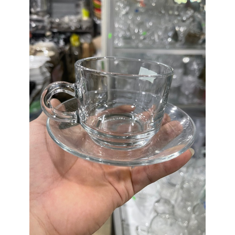 จานแก้ว แก้วไทย ถ้วยมีหูจับ Union Stack Tea Cup 200ml UG324 ผลิตในไทย