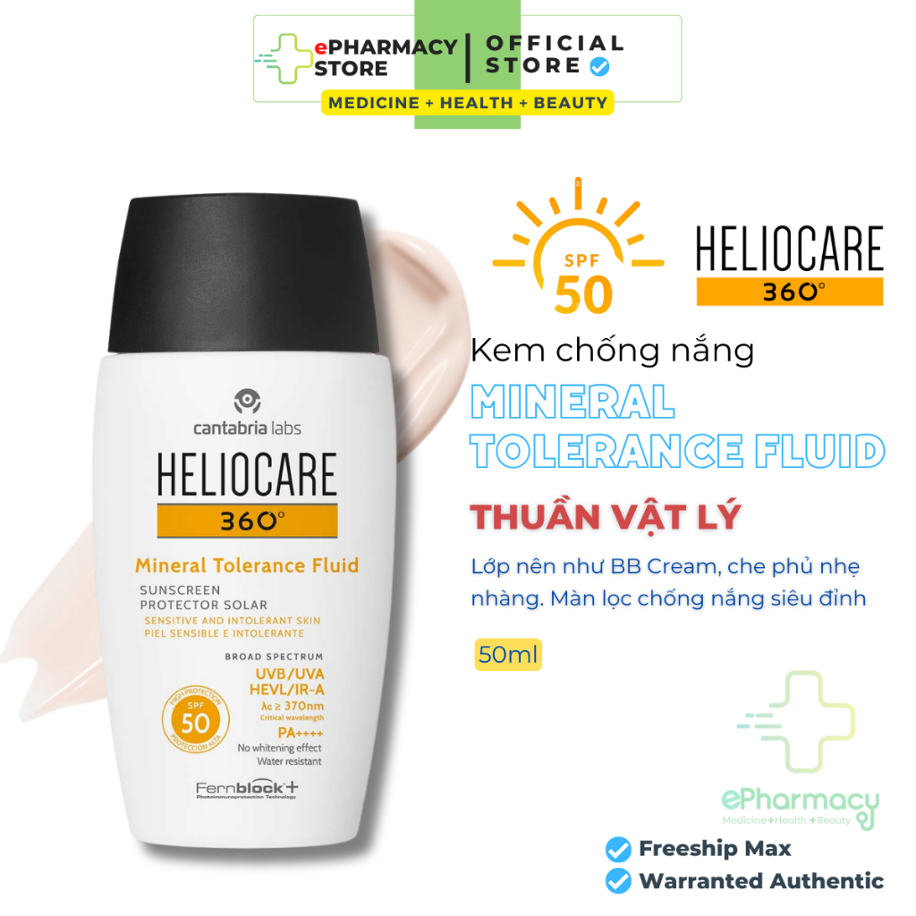 Heliocare 360 Mineral Tolerance Fluid Sunscreen - ครีมกันแดดสําหรับผิวบอบบาง, Gentle Coverage 50mL