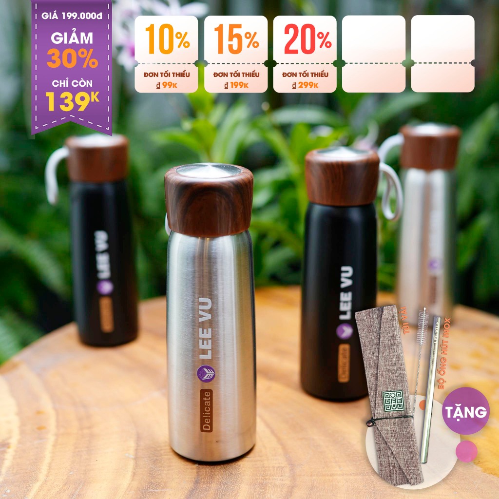 กระติกน้ําร้อนสแตนเลสพร้อมฝาลายไม้ (500ml) LEE VU +