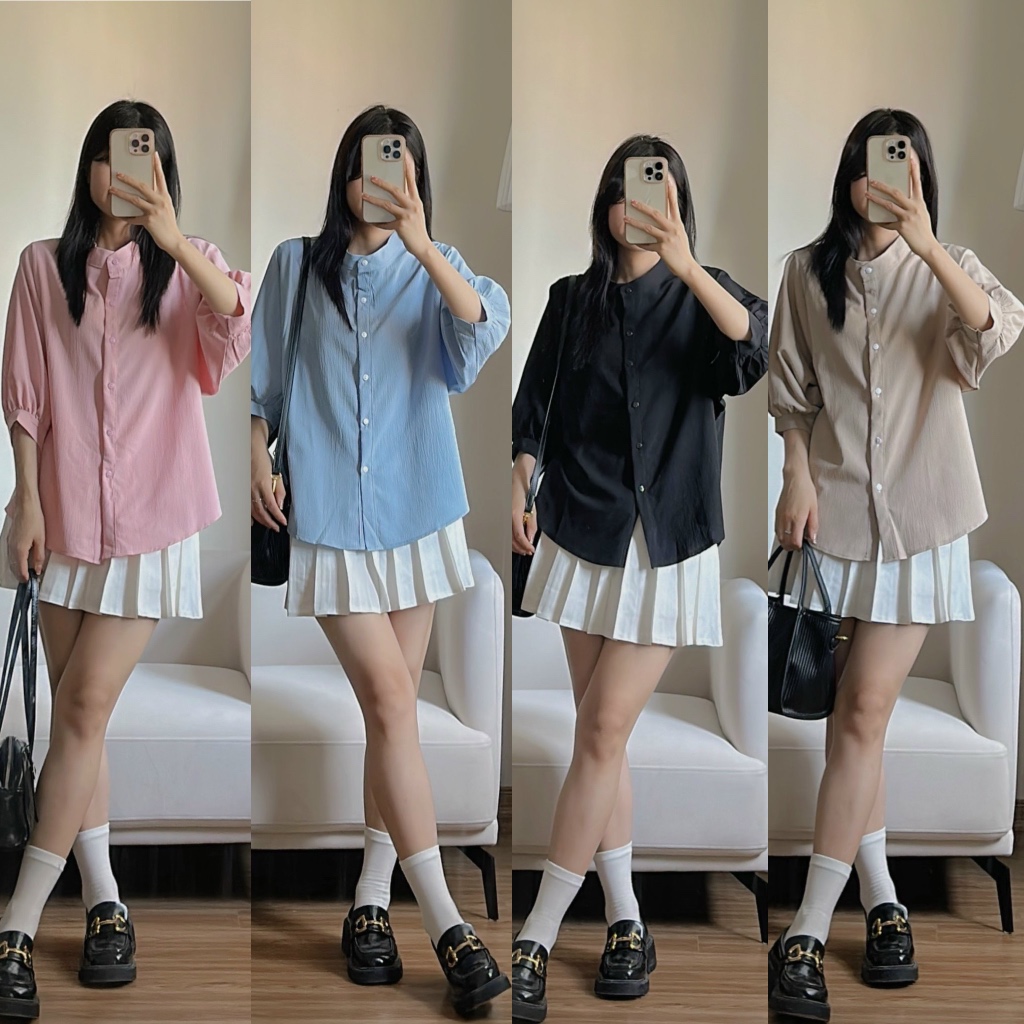 M.M STUDIO เสื้อคอปกธรรมดา - เสื้อเชิ้ตแขนสั้นผ้าย่น M77