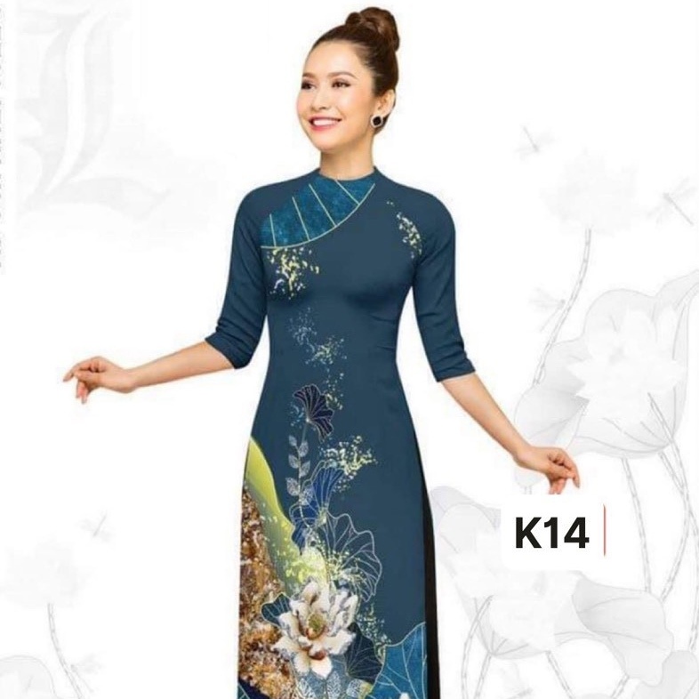 Ao Dai + K14 กางเกงคอกลม แขนผ้าไหม 3D สีฟ้าดอกบัวเรียบหรู ยืด ทรงเข้ารูป และคอนซีลเลอร์