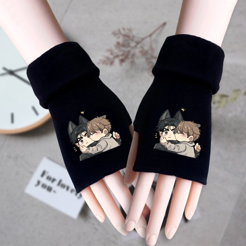 ถุงมือขนสัตว์สีดําพิมพ์ลาย JIX FORTUNE ver CHIBI manhwa ดีไซน์แฟชั่นที่อบอุ่นน่ารักมากมาย