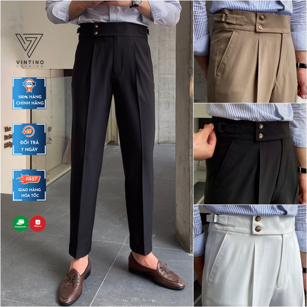 VINTINO กางเกงผู้ชายเอวสูง Sidetab Slimfit ตรงสีดําเกาหลีเอวสูงกางเกง QCC แฟชั่น