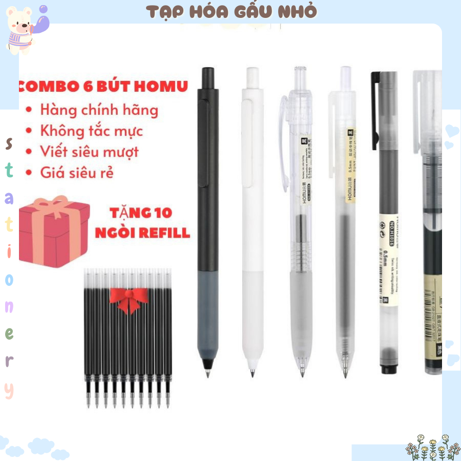 Combo 6 Super hot HOMU gel Pens + 10 Black Ink refill Tips [ taphoagaunho ]