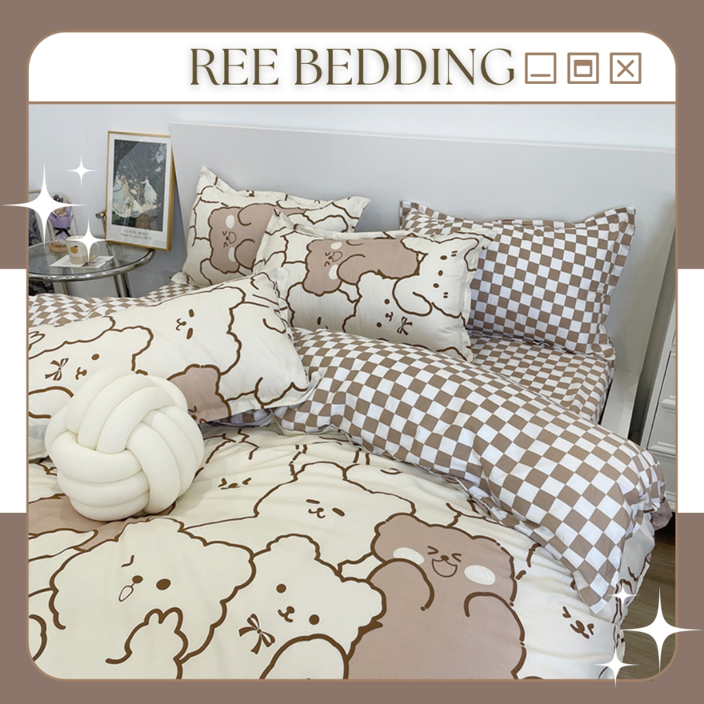 REE เครื่องนอน โพลีคอตตอน ชุดเครื่องนอนทุกขนาด ที่นอนหมีลายตารางสีน้ําตาลและที่นอน PLC38