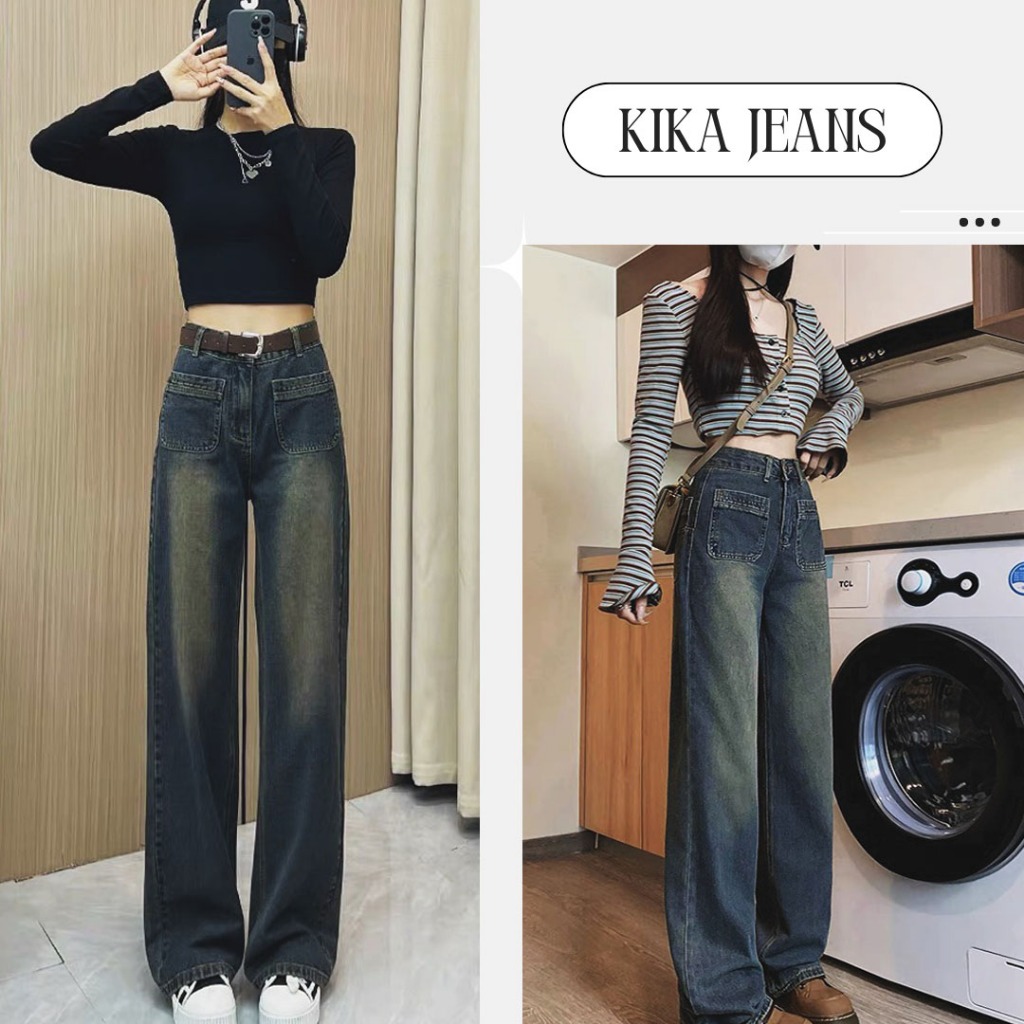 กางเกงยีนส์ Bigsize 55kg-85kg สําหรับผู้หญิงขากว้างธรรมดา กางเกงเอวสูงขายาวทรงตรงสไตล์ Ulzzang KiKaJ