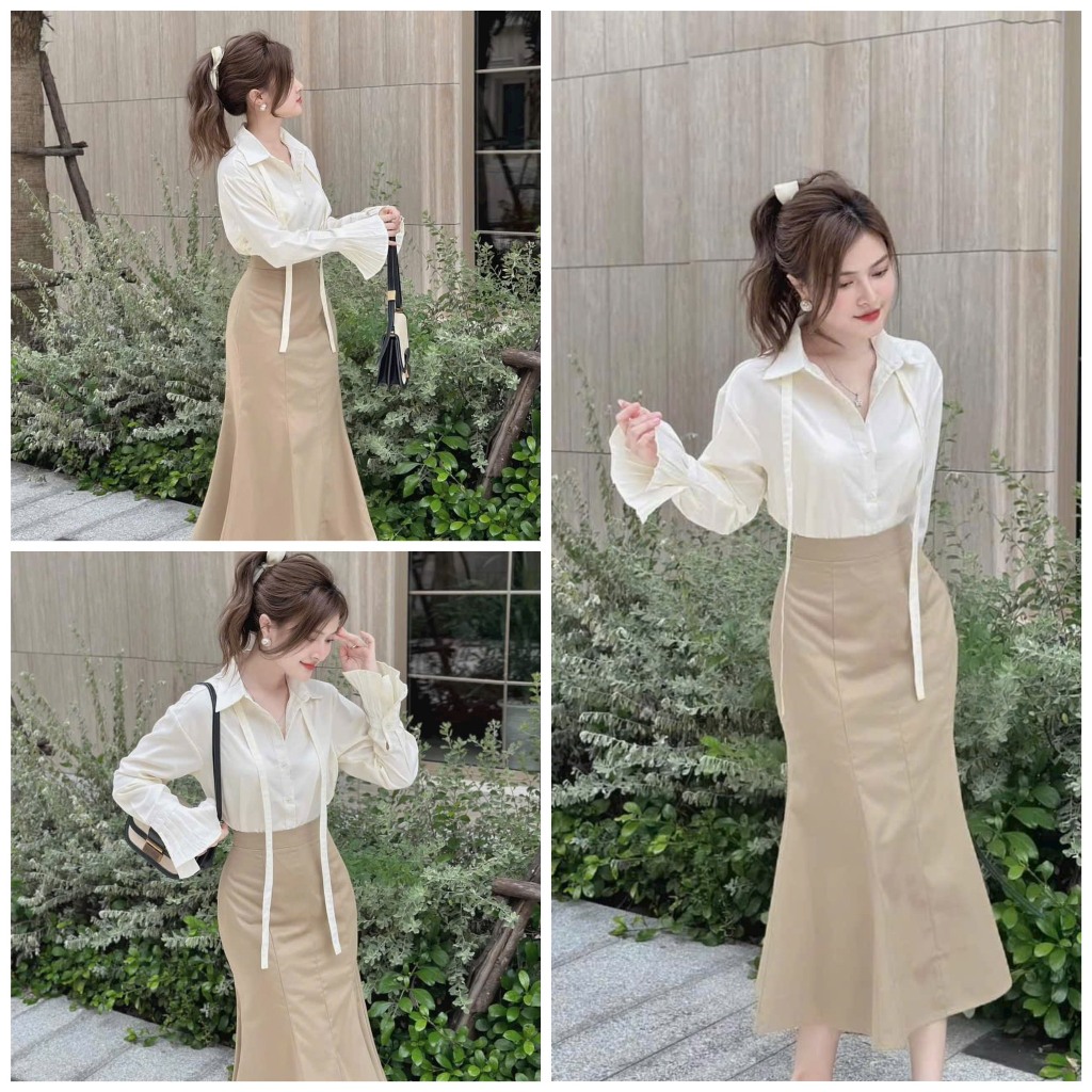 ชุดผู้หญิงเสื้อแขนยาวระบายกระโปรงหางสีกากีน่ารัก