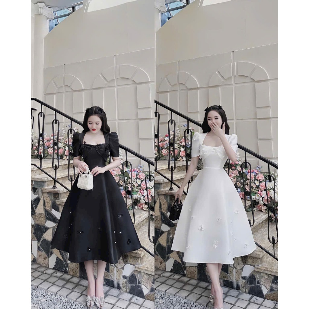 ชุดเดรสแฟชั่นผู้หญิงใส่ไปงานเลี้ยงหรูหราคุณภาพ แตะ คอเหลี่ยมทึบ แขนสั้น แม็กซี่เดรสลาย 2 สี ดําขาว