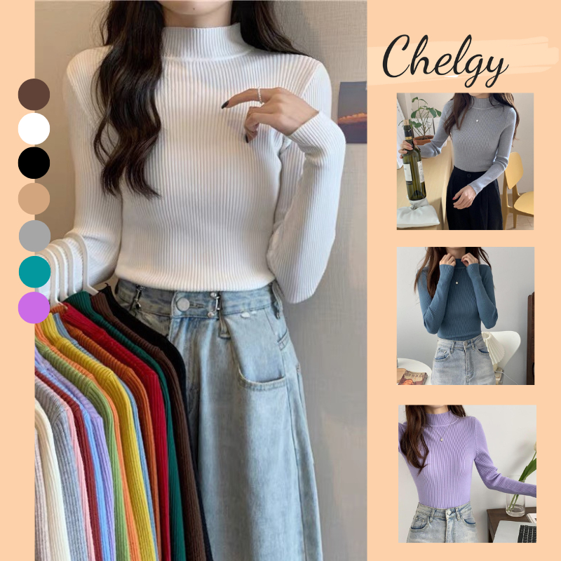 Chelgy เสื้อสเวตเตอร์ผู้หญิงคอปกขนาด 3 นิ้วแขนยาวทําจากขนสัตว์ขั้นพื้นฐาน Freesize คอกลม หุ่นแบน ผลิ