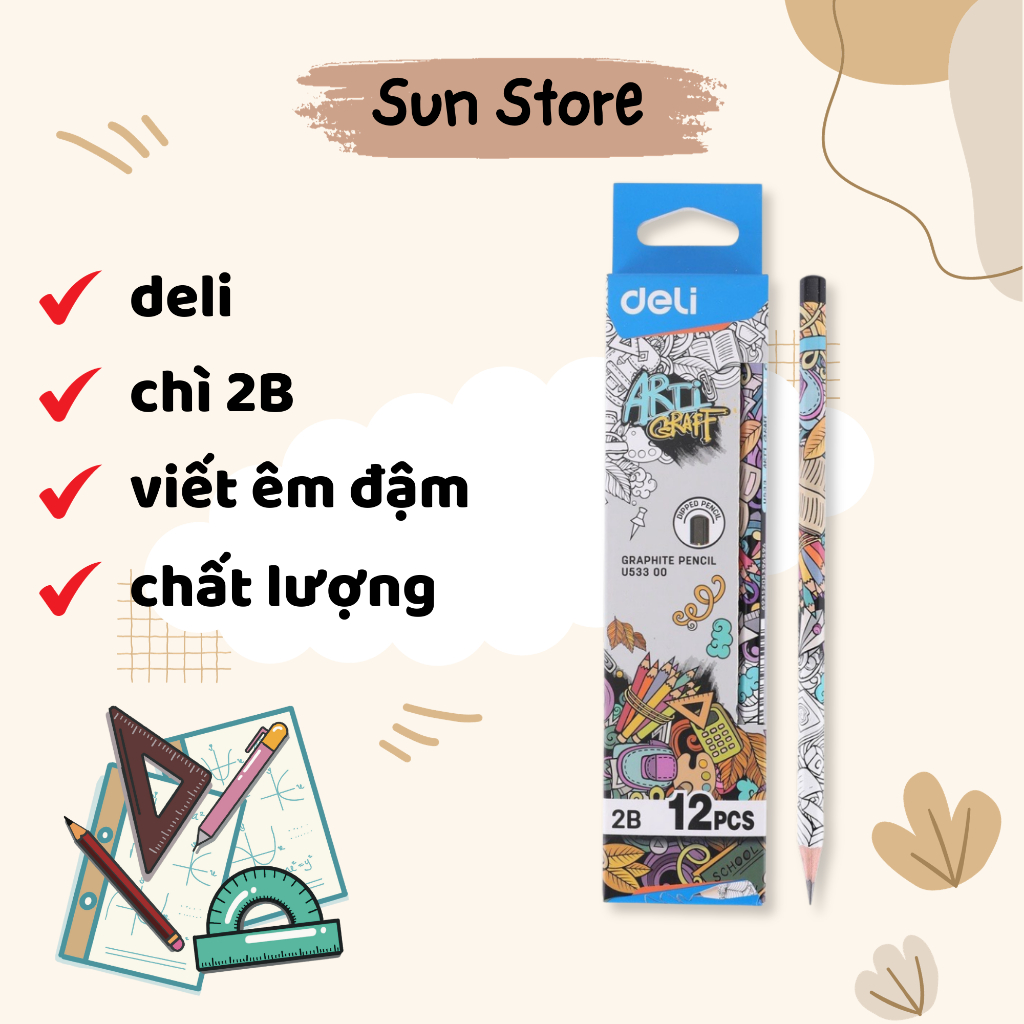 ดินสอไม้ Deli 2B ของแท้ ลายปากกาหนา ที่ไม่แตกหักเมื่อใช้ - Sun Store