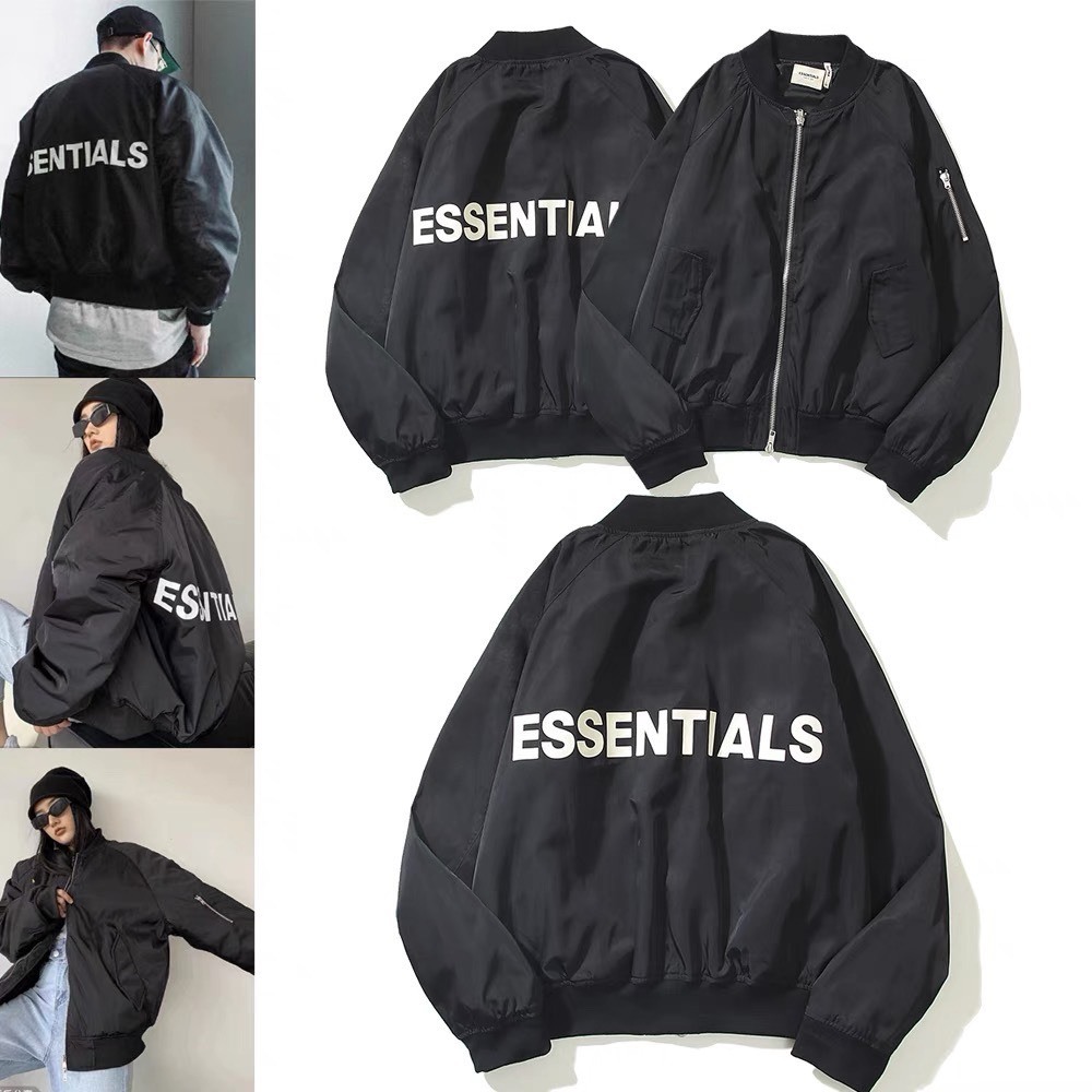 Essentials Bomber Jacket ผ้าฝ้ายพรีเมี่ยม 3 ชั้น Uninsex Bomber Jacket สําหรับผู้ชายและผู้หญิงที่ให้