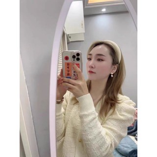 HUNALY เสื้อคาร์ดิแกนคอวีผ้าถักสีทึบแฟชั่น HQ แขนพอง คอนซีลเลอร์ ทรงเข้ารูปหรูหรา M248 D-11