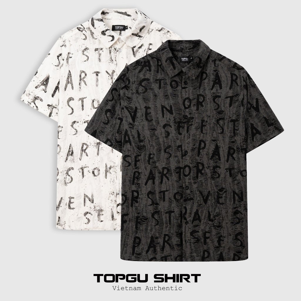 Topgu เสื้อเชิ้ตแขนสั้นคอปกเยอรมันสีขาว/ดําเสื้อเชิ้ตผู้ชายผ้า Conton คุณภาพสูงลายตัวอักษรฉีกขาดแฟชั่น