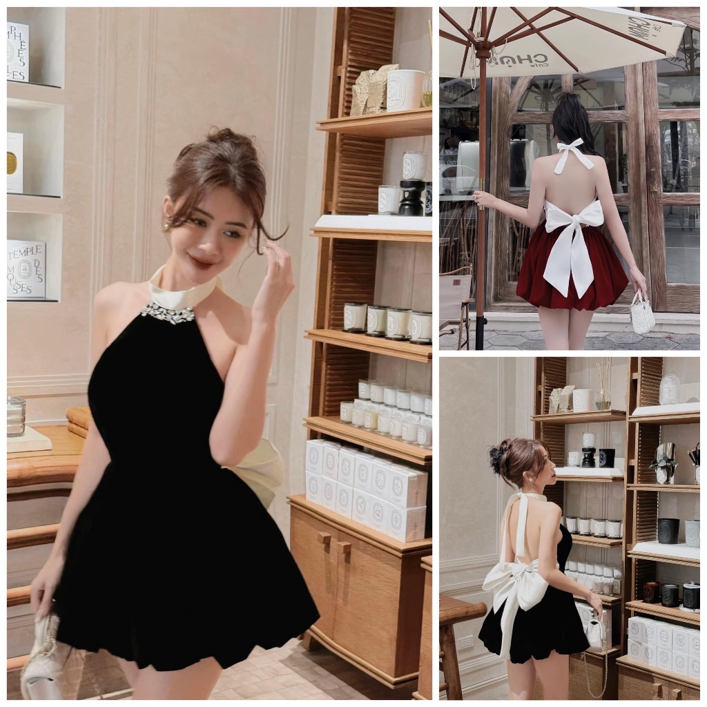 ไซน์ เดรสคล้องคอเว้าหลังโบว์