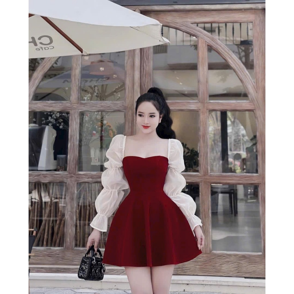 ชุดเดรสแฟชั่นสําหรับผู้หญิงที่จะสวมใส่ถึง TET, VELVET Square Collar, Long Silk Chiffon Sleeve, BLACK RED A-Line Swing Dress QC