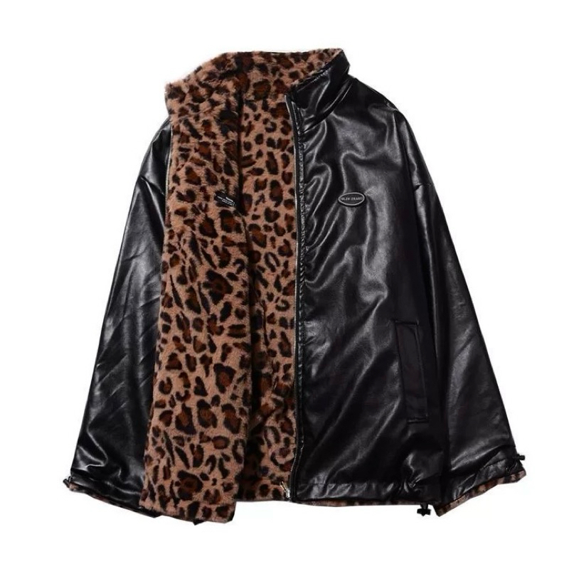 Reversible Leopard Jacket - เสื้อแจ็คเก็ตใส่ได้สองด้าน หน้าหนังสีดําและหน้าขนเสือดาวอบอุ่น