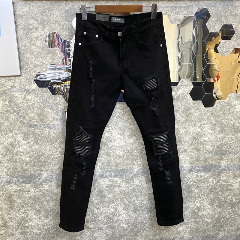 Amiri jeans black patched Leather สีดําสีขาวสีฟ้าสีแดงย่นแน่นขาเรียว กางเกงยีนส์สีดําผู้ชายลายแพทช์เ