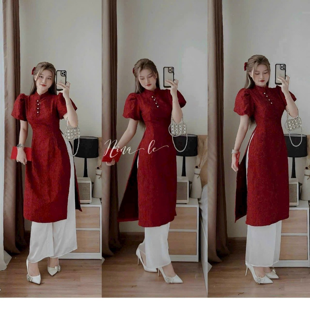 นวัตกรรม ao dai Set ผ้าโฟมลายดอกไม้นูน ระดับไฮเอนด์ สําหรับเทศกาลฤดูใบไม้ผลิ สไตล์อ่อนเยาว์และสวยงาม