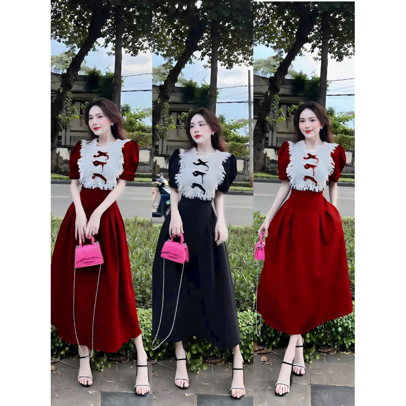 ผู้หญิง แฟชั่น ชุด (รูปถ่ายจริง) สําหรับ เทท คุณภาพสูง กํามะหยี่ แต่งระบายลูกไม้ มีโบว์ แขนสั้น กระโปรงบานยาว แมกซี่ สีดําแดง
