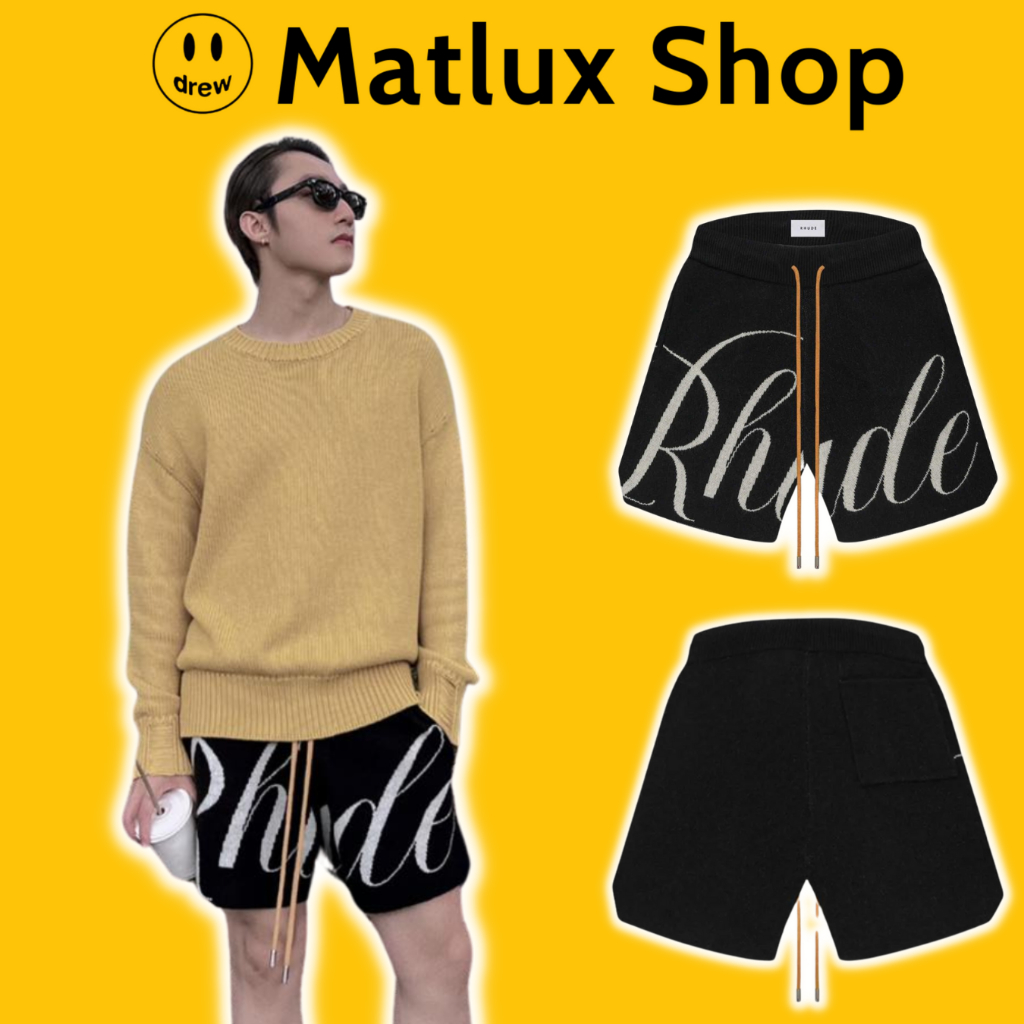 [BEST QUALITY[ RHUDE Knit Logo Black Shorts ผลิตจากผ้าขนสัตว์คุณภาพสูง กางเกงขาสั้นทําสี RHUDE กางเก