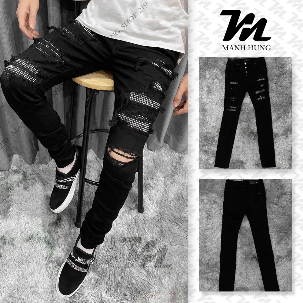 Amiri กางเกงยีนส์ Rhinestone สีดํา Premium Edition ยืด 4 ปุ่มล้างไม่มี Ruffles