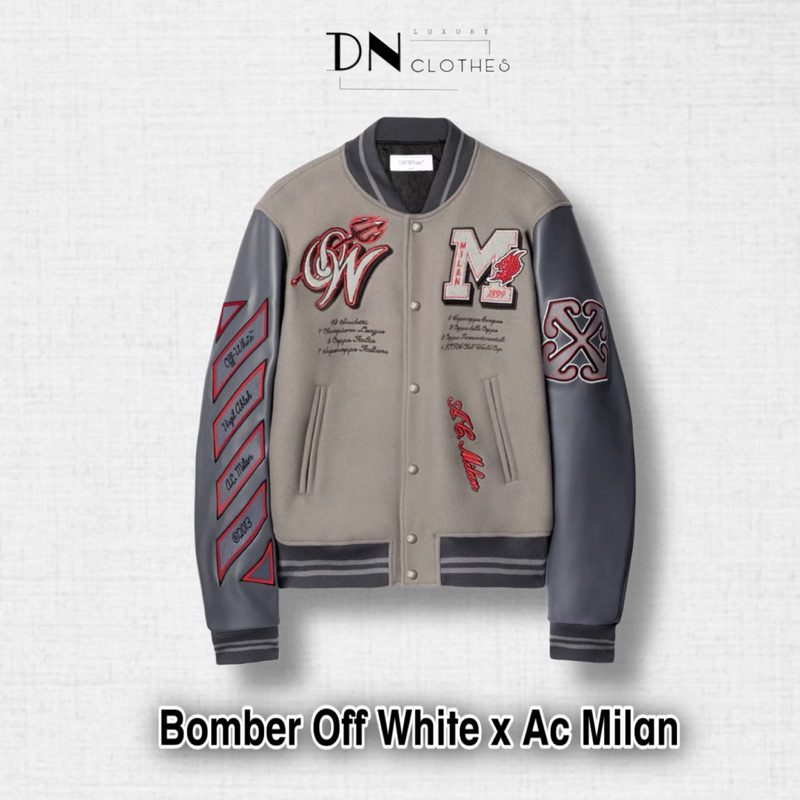 ⚜️[พรีเมี่ยม - ประเภท 1] Off White X Ac Milan Bomber Jacket - Bomber Jacket สําหรับผู้ชายและผู้หญิง 