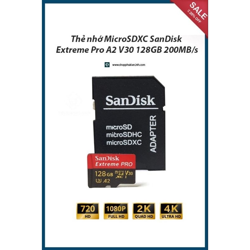 การ ์ ดหน ่ วยความจํา MicroSDXC Sandisk Extreme Pro V30 A2 128GB 200MB / วินาที