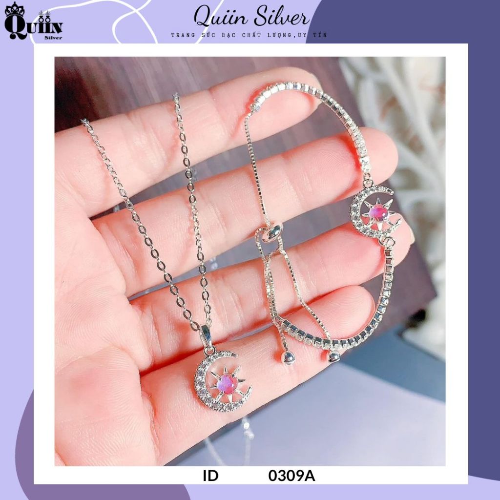 S925 Quiin ชุดเครื่องประดับเงิน - สร้อยคอและสร้อยข้อมือรูปดวงจันทร์และรูปดาวสําหรับผู้หญิง 0309A
