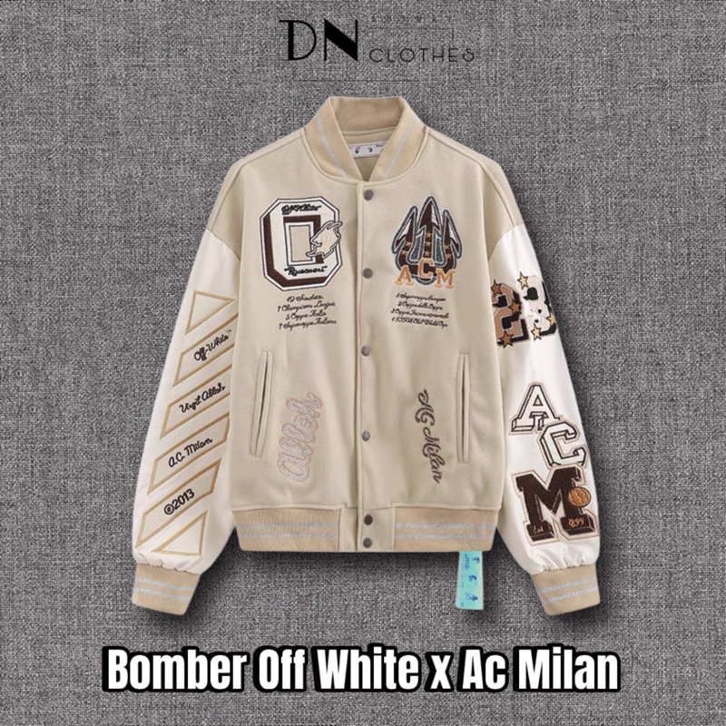 ⚜️[Premium - Type 1] Off White X Ac Milan Bomber Jacket - เสื้อแจ็คเก็ตบอมเบอร์ขนแกะเปลือยผ้าฝ้ายที่