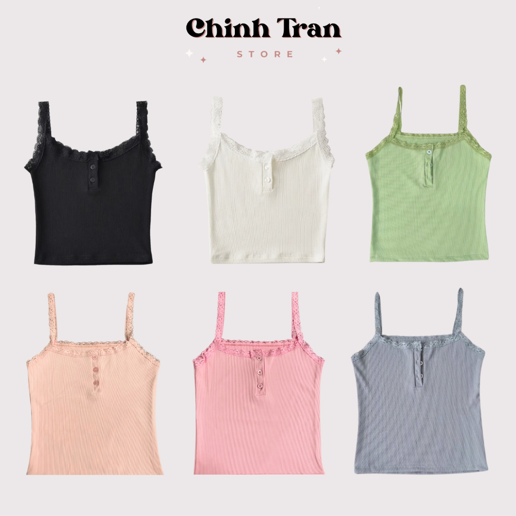 เสื้อครอปสตรี 2 สายแต่งลูกไม้และกระดุมผู้หญิง - CHINH TRAN STORE