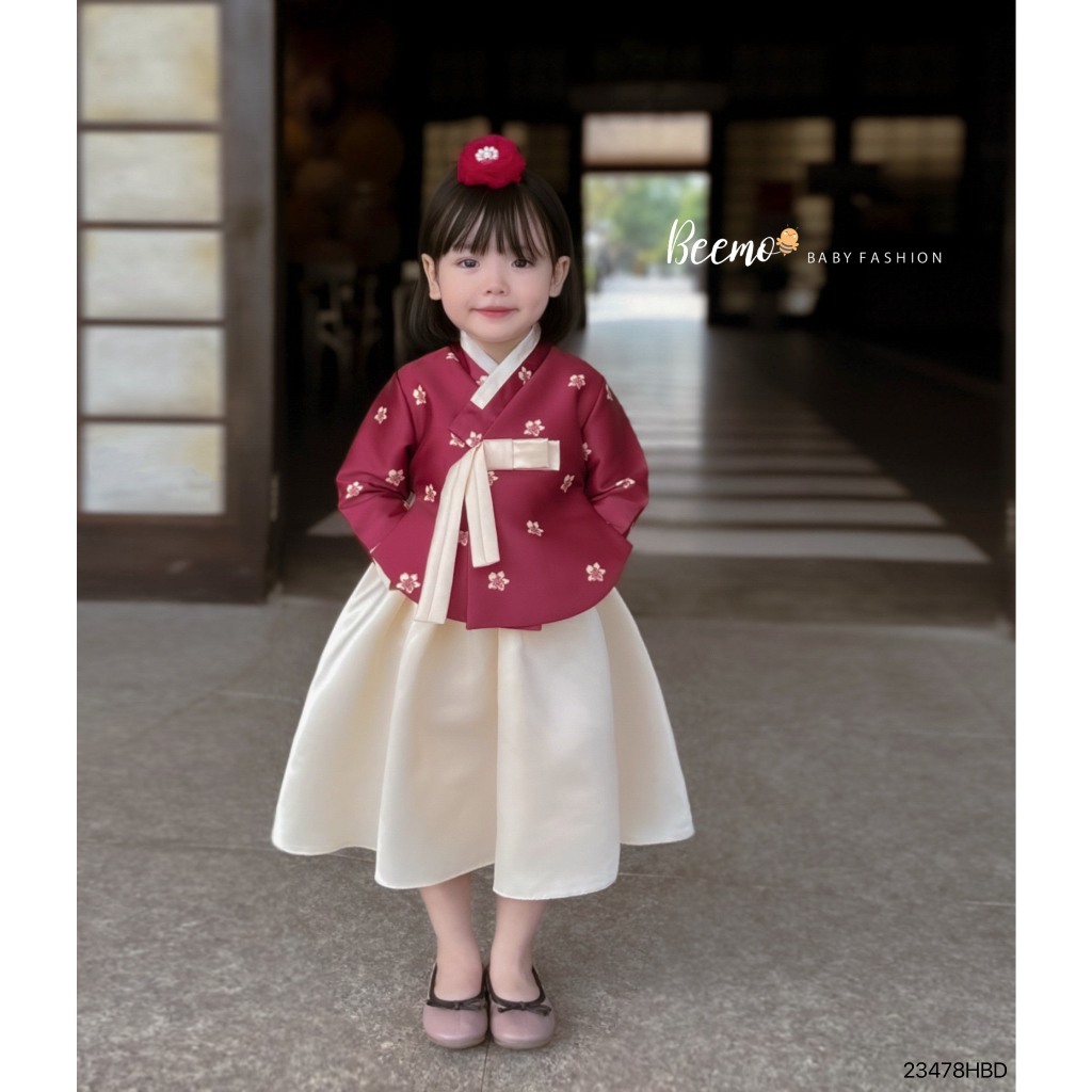 ชุดฮันบก Beemo Cherry Blossom สําหรับเด ็ กผู ้ หญิง ชุดฮันบกเกาหลีพร ้ อมกิ ๊ บติดผมดอกไม ้ สําหรับเด ็ ก