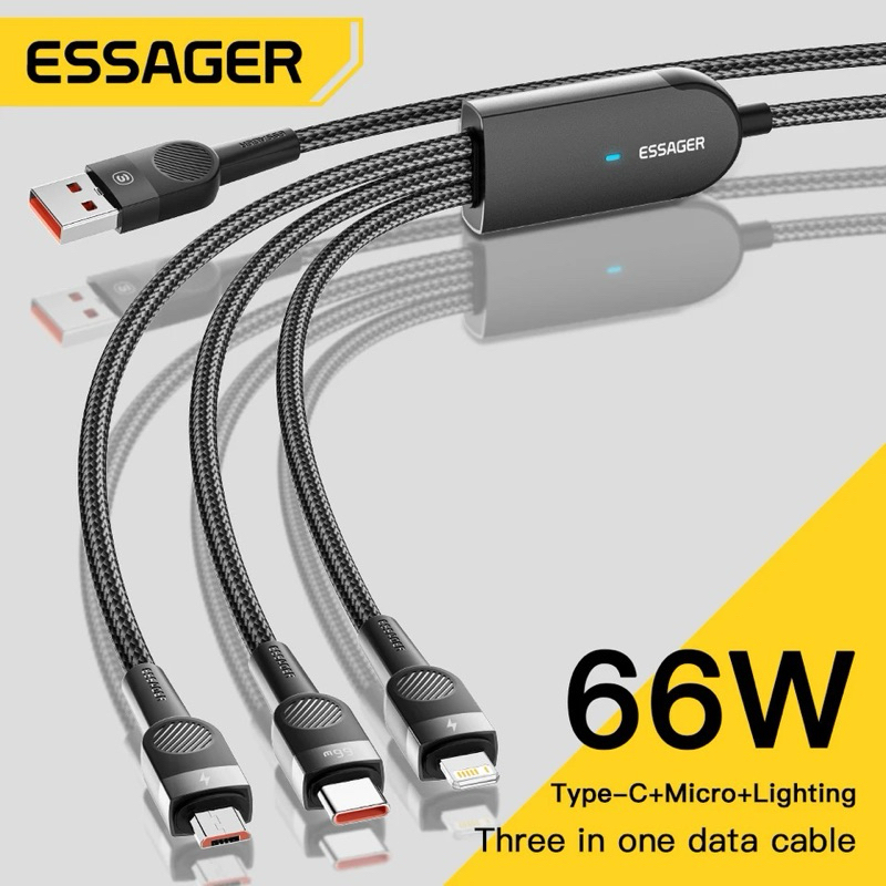 ESSAGER [ สายชาร์จ 3 in 1 ] esager Fast One pull Three 66W 3 in 1 สายชาร์จเร็ว (1A to 1C + 1 Micro +