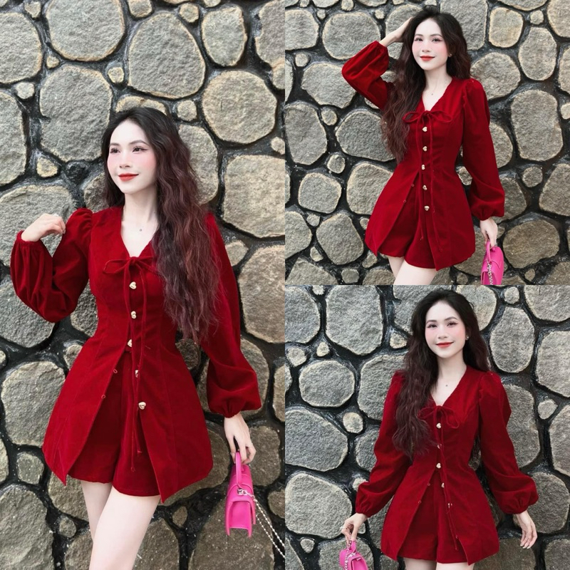 ชุดแฟชั่นสตรีสําหรับ Tet ทําจาก COLD COTTON หรือ VELVET แขนพองยาวติดกระดุมคอวีผสมกางเกงขาสั้นสีแดง
