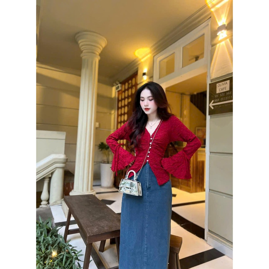 [919] อ่อนเยาว์และสวยงาม ชุดเซ็ตเสื้อพองติดกระดุมและกระโปรงยีนส์