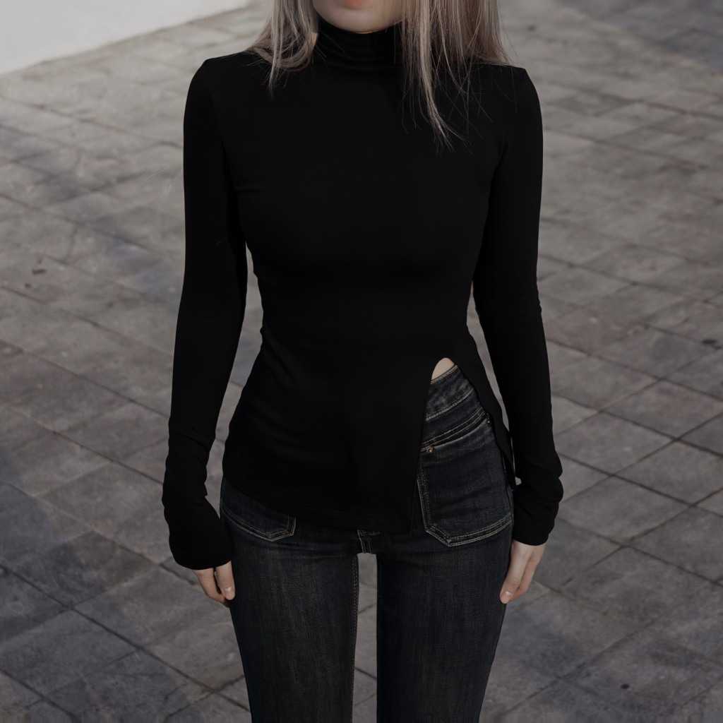 Bcc Store เสื้อยืดคอเต่าแขนยาวเว้าเอว