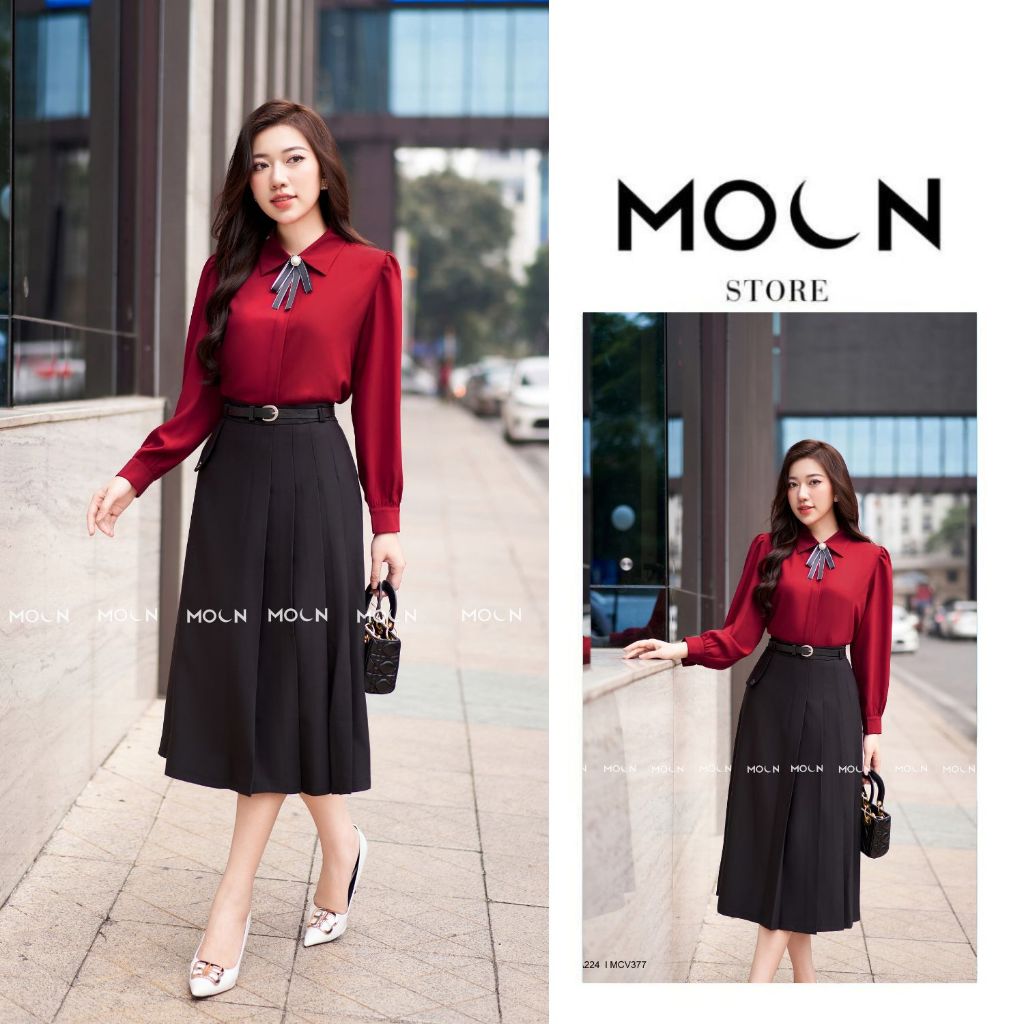 เสื้อเชิ้ตแขนยาวกระโปรง Moon เสื้อเชิ้ตแขนยาวคอปกเยอรมันทําจากผ้าไหม mongtoghi MA224 กระโปรงพลีทแนวท