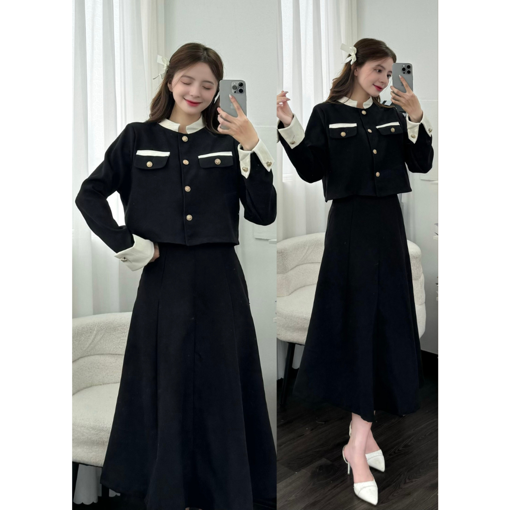 Set เสื้อคอเต่าพับแขนและกระโปรงยาว - 247store - Setda700_P8K6