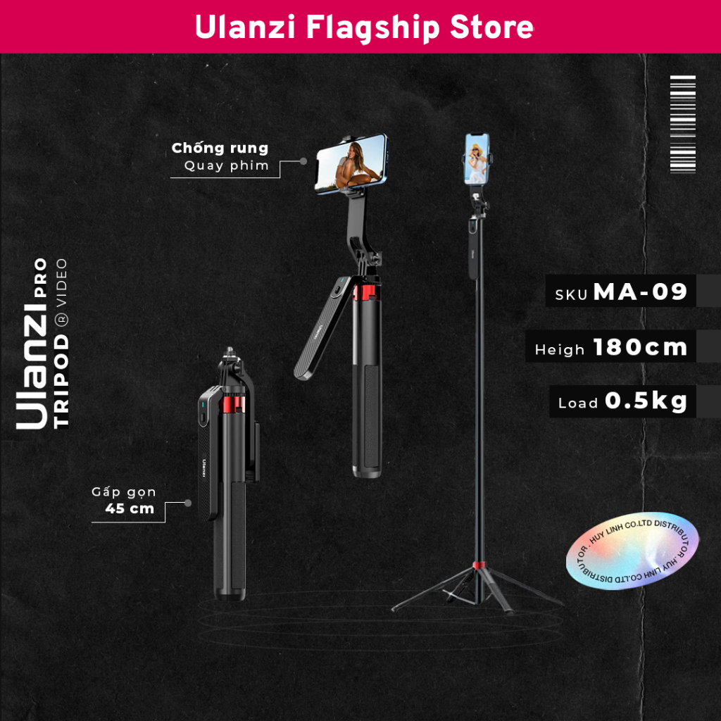 Ulanzi MA09 (MT-44 Plus) - ไม้เซลฟี่พร้อมรีโมทบลูทูธแบบบูรณาการสําหรับโทรศัพท์ของแท้