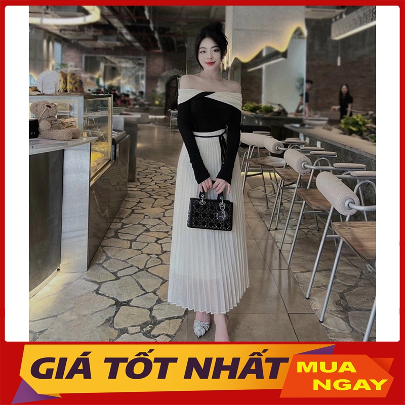 Lady Long Pleated Skirt Off Shoulder Blouse Set SB6095 - Yanmy888