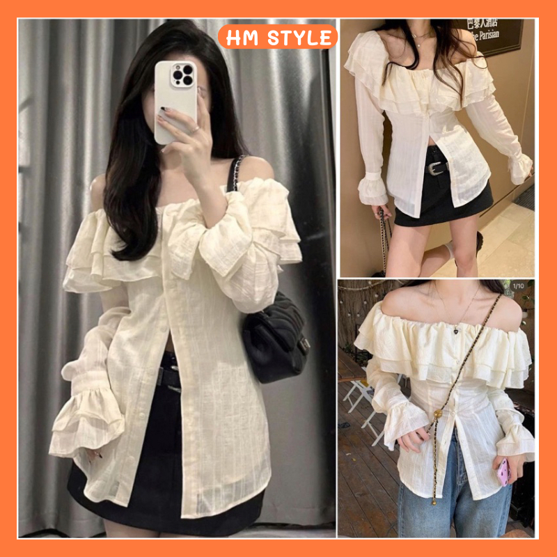 เสื้อปาดไหล่ แต่งระบายชั้นๆ เสื้อบานแขนยาวสุดน่ารัก รหัส SA320 HMStyle