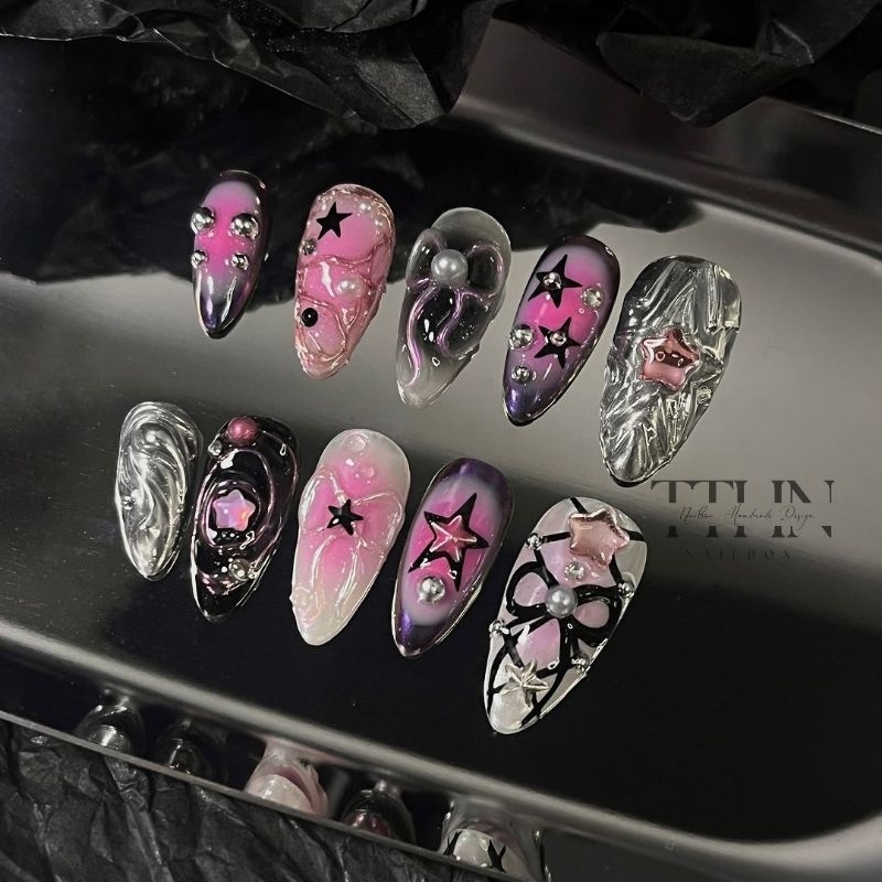 Y2k Nailbox Set [K13] Ombre Personal Design - Drawing - Mirror Finish