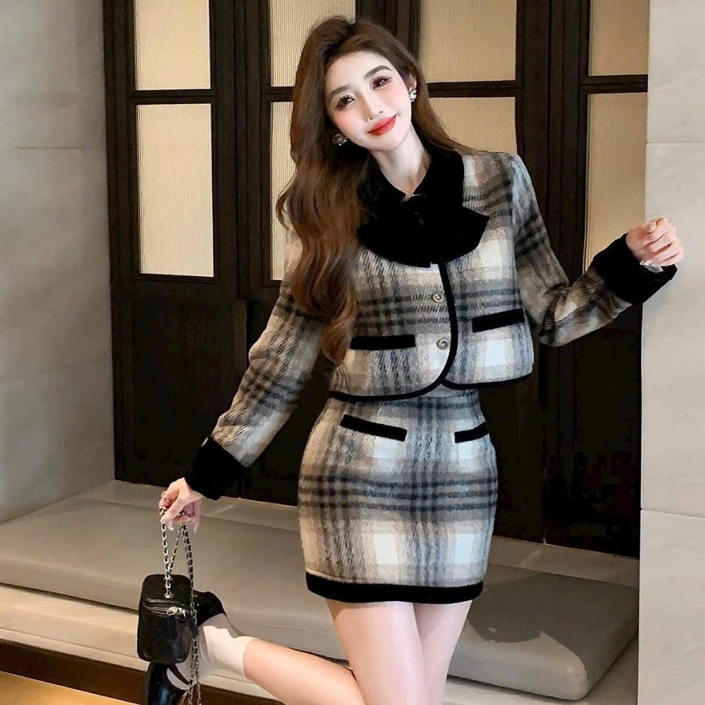 Set เสื้อคลุมราตรีคอปกโบว์พร้อมกระโปรงสั้น BBS08 - BigSize Giang Oanh