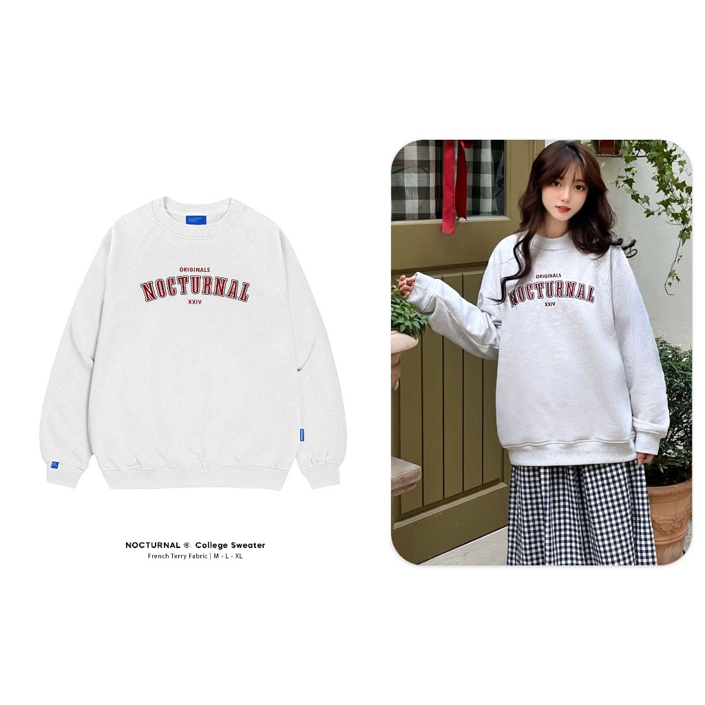 Nocturnal College Sweater ผ้าฝ้าย 100% Unisex เสื้อกันหนาวขาปูแบรนด์ท้องถิ่น